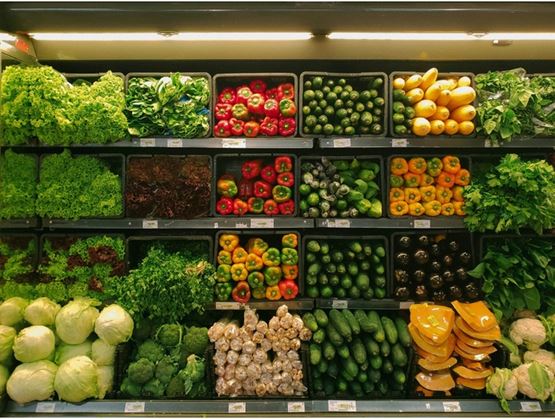 Display of fresh vegetables in a supermarket, with neatly arranged rows of lettuce, peppers, cucumbers, zucchinis, eggplants, and other green and colorful produce.