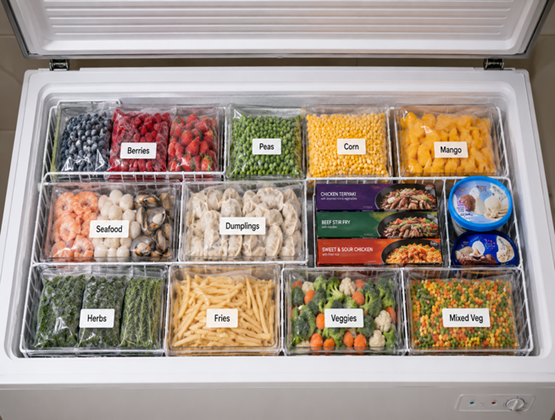 Chest freezer filled with organized bins containing fruit, vegetables, seafood, dumplings, fries and frozen meals.