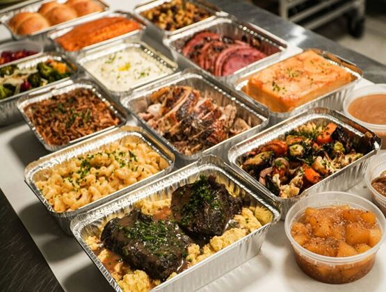 Assorted prepared dishes presented in aluminum trays.