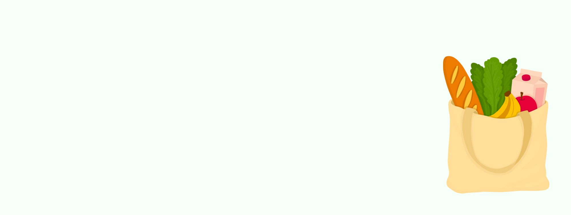 Grocery bag filled with bread, milk, bananas, lettuce, and an apple on a light background.