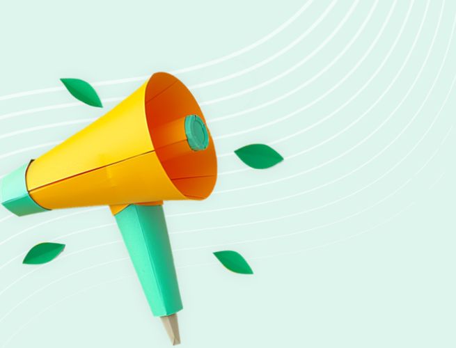 Illustration of a paper megaphone in orange and green on a light green background, surrounded by stylized leaves.