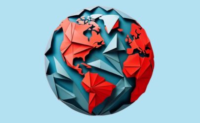 Illustration of planet Earth made of red and blue origami shapes on a light blue background.