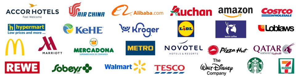 Logos of global retail and ecommerce brands including Amazon, Walmart, Carrefour, Lidl, Tesco, Auchan and Alibaba