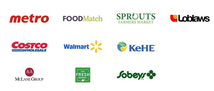 Logo collage featuring Metro, FoodMatch, Sprouts, Loblaws, Costco, Walmart, KeHE, McLane, Fresh Market and Sobeys.