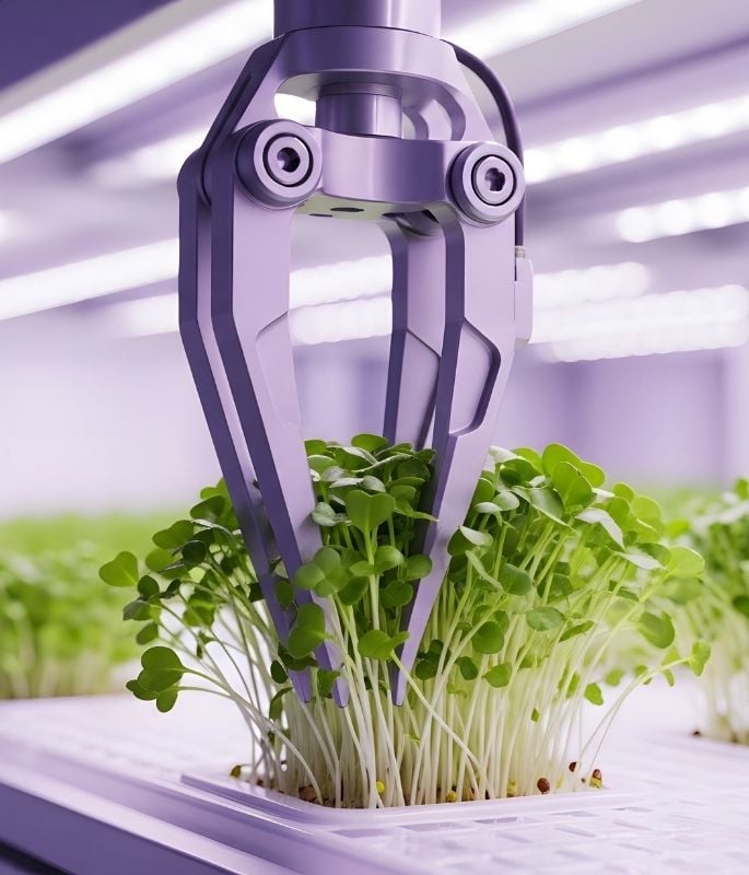 Robotic arm harvesting microgreens in a vertical farm, illustrating agricultural automation and precision farming.