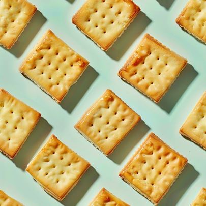 Square cracker biscuits arranged in a repetitive pattern on a light blue background.