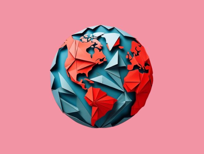 Stylized geometric red and blue globe on a pink background.